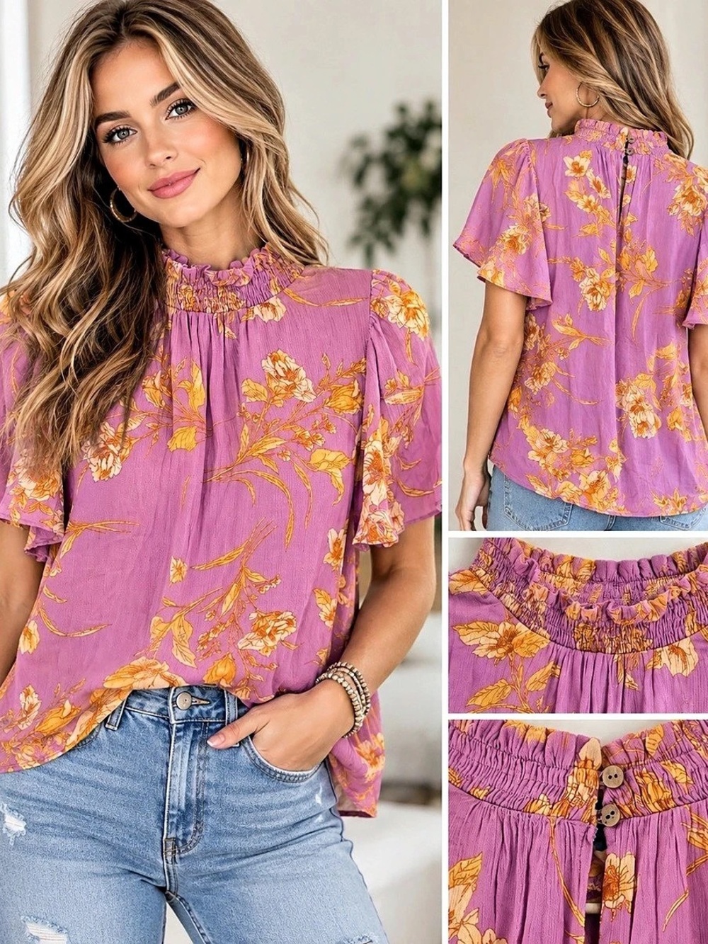 Easel Floral Ruffle Sleeve Blouse Floral Blouse in Purple & Orange Size Small
NW